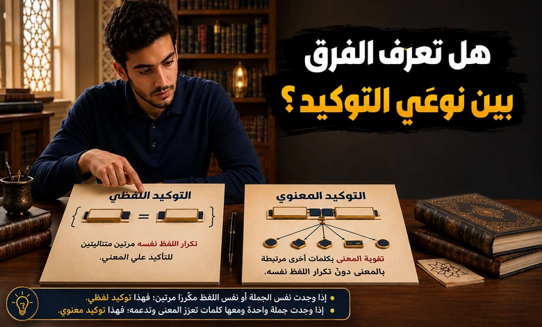 كيف نميز بين التوكيد اللفظي والتوكيد المعنوي في اللغة العربية؟ 