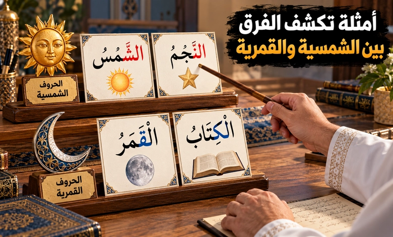 الفرق بين الحروف الشمسية والقمرية بين نطق اللام وإخفائها أمثلة على الحروف الشمسية والقمرية في الكلمات